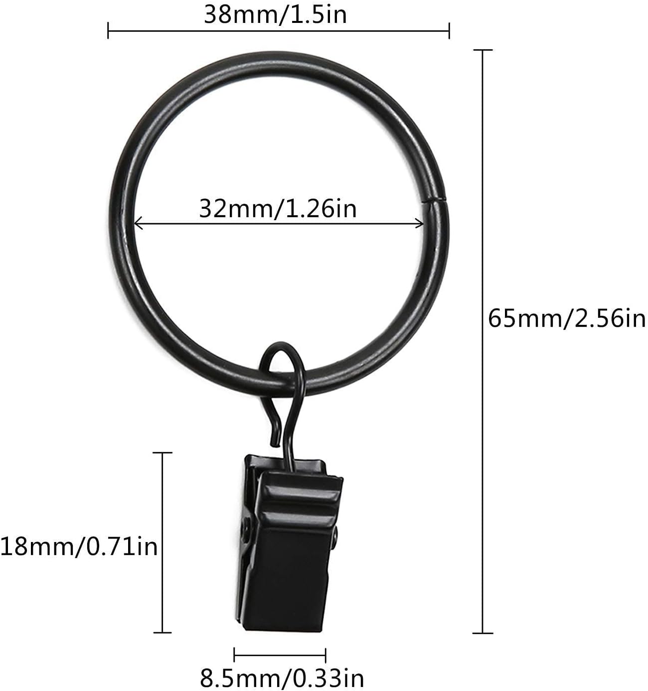 Skiennix 40 Pack Metal Curtain Rings - Durable Drapery Clips with 1.26 Inch Interior Diameter - Black