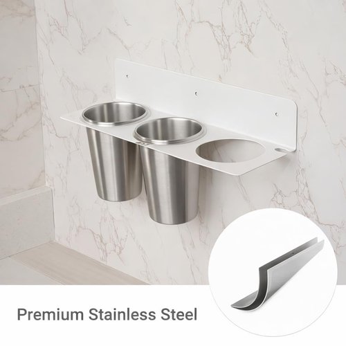 Hair Tool Organizer Wall Mount, Stainless Steel Hair Tool Holder with 2 Heat-Resistant Cups, Curling Iron Holder for Vanity, Hot Tools Organizer with PVC Ring,Hair Dryer Holder for Bathroom, BANJEKT