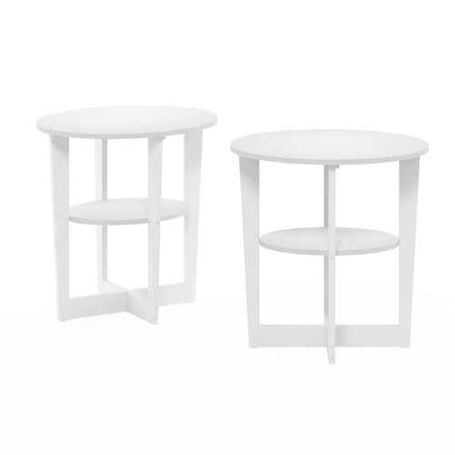 Furinno Jaya Side Table Set of 2, 2-Tier Round End Table with Oval Tabletop, Night Stand, Bedside Table with Open Shelf, for Living Room, Bedroom, White