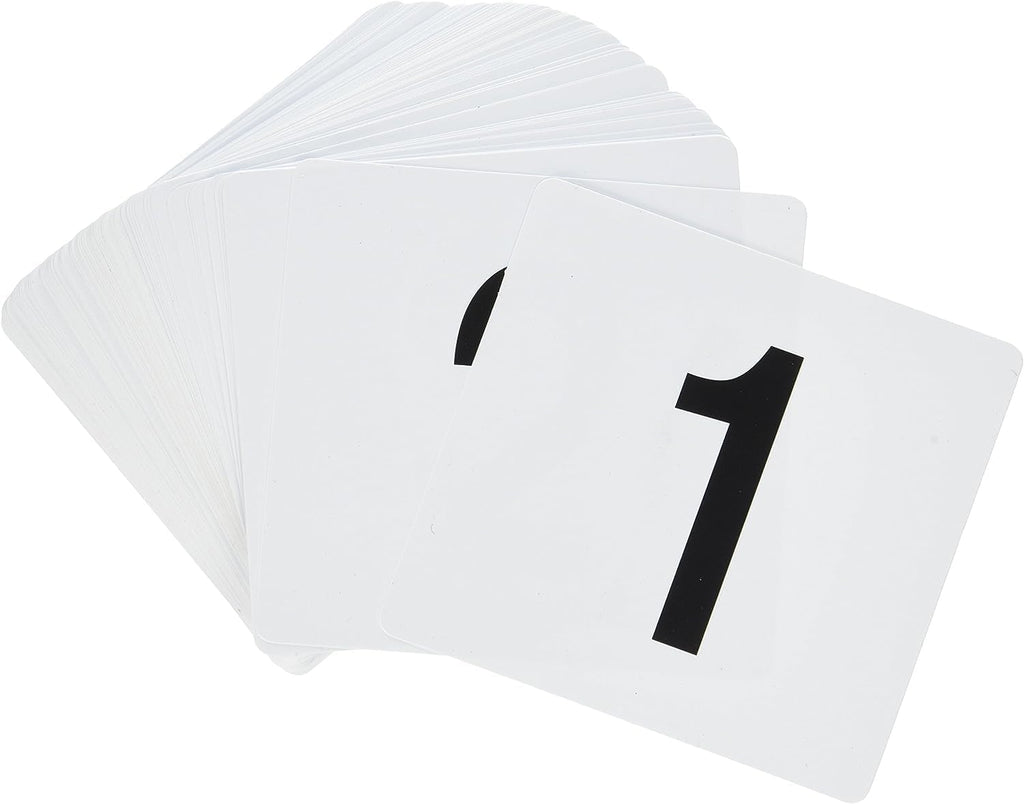 New Star Foodservice 23053 Plastic Table Number Cards 1-100 Double Sided, 4" x 4" Inch, White with Bold Black Numbers