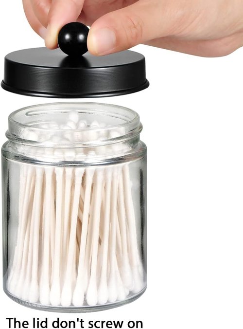 Amolliar Apothecary Jars Set - 4 Pack Bathroom Storage Canisters with Stainless Steel Lids & Cute Stickers | Black Qtip Dispenser for Cotton Swabs & Makeup Sponges