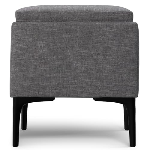SIMPLIHOME Natasha 18 inch Wide Mid Century Square Mid Century Storage Ottoman with Tray in Slate Grey Polyester Linen, Assembled, For the Living Room, Entryway and Family Room
