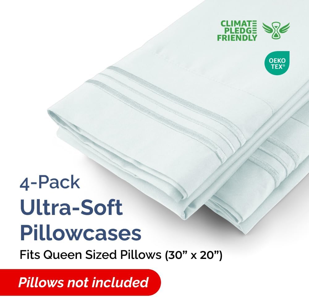 Queen Pillow Cases Set of 4 - Ultra Soft Hotel Quality Covers | Wrinkle-Free, Stain & Fade Resistant - Ice Blue