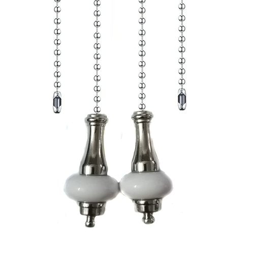 2Pcs Ceiling Fan Pull Chain Set, White Ceramic Decorative Fan Pull Chain Pendant Extension, 12 Inches Lighting & Fan Beaded Ball Fan Cord Extender Ornament with Connector