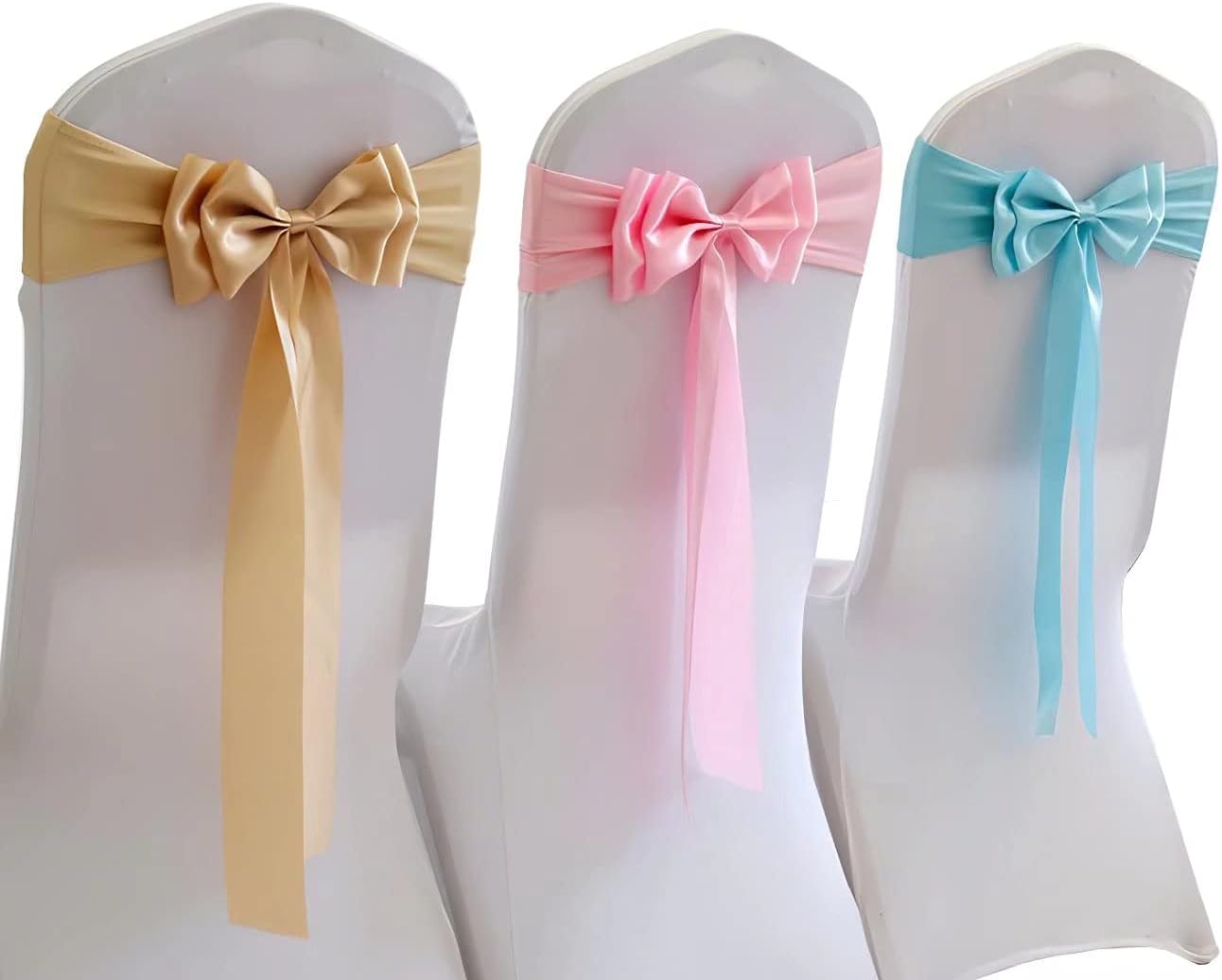 Skiennix Stretch Chair Sashes - Double Bow Spandex Covers for Weddings & Events | Grey, Set of 6