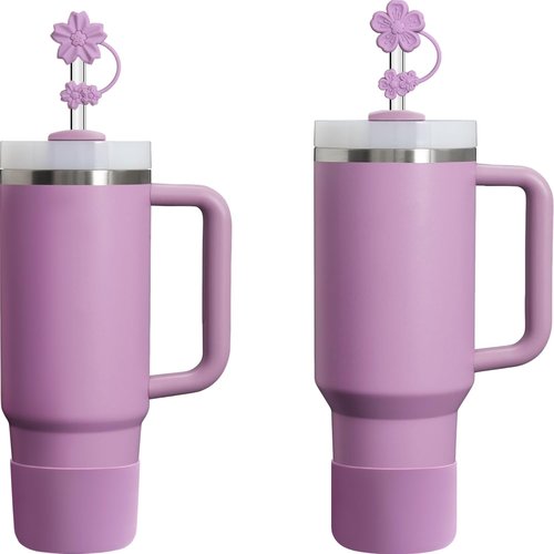 AFKLMNE 6-Pack for Stanley Cup Accessories Set 30/40 Oz Tumbler, 2 Straw Cover, 2 Replacement Straws, 1 Straws Cleaner Brush, 1 Boots, SIlicone Cherry Flower Straw Topper Cap (Lilac)