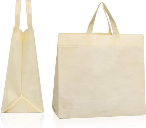 Simply Cool 50 Pack Reusable Eco-Friendly Grocery Shopping Bags 12.6"x6.3"x11.8" Durable, Recyclable, Washable, Foldable, Portable Tote Bags Bulk (50 Pack,Cream)