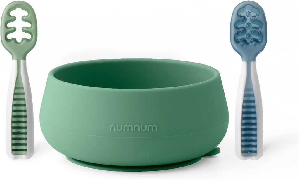 NumNum Baby Bowl & GOOtensils Spoons Set - Suction Bowls for 4+ Months, BPA-Free Silicone, Dishwasher Safe | Green/Blue