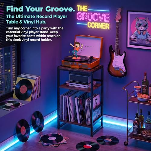ZEXVIDA 3-Tier Vinyl Record Player Stand, End Table for Album Storage, 28" H Record Player Stand with Storage Up to 120 Albums, Side Table for Living Room Bedroom (Rustic Brown)