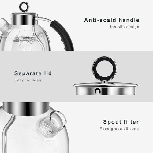 ASCOT Electric Kettle, Glass Electric Tea Kettle Gifts for Men/Women/Family 1.6L 1500W Borosilicate Glass Tea Heater, with Auto Shut-Off and Boil-Dry Protection (Silver)