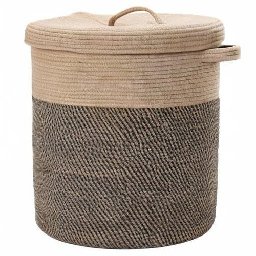 Extra Large 16" x 16" x 18" Storage Basket with Lid, Cotton Rope Laundry Hamper, Cloth Bin for Clothes, Towels, Blankets, Pillows in Living Room, Jute/Black Mix Basket