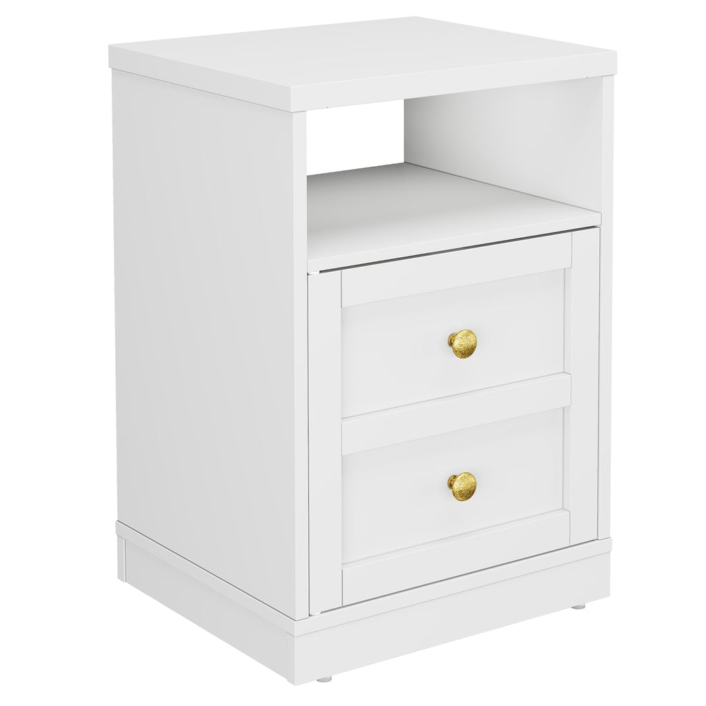 RoyalCraft White Nightstand with Storage Shelf and Door, Faux Two-Drawer Design Side Table, Modern Night Stand for Bedroom Dorm, Wood End Table for Small Spaces