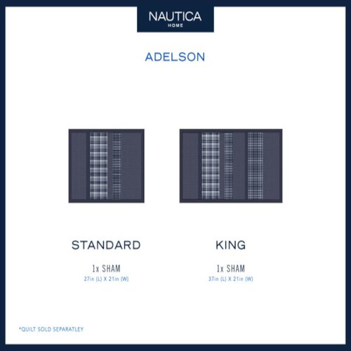 Nautica - Sham, Cotton Quilted Bedding with Envelope Closure, Pre-Washed for Added Softness, Stylish Bedding Set (Adelson Blue, 20" x 26")