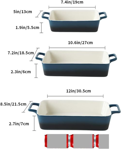 KOOV Bakeware Set - Ceramic Baking Dish Set with Rectangular Pans | 3-Piece Gradient Blue, 12 x 8.5 Inches