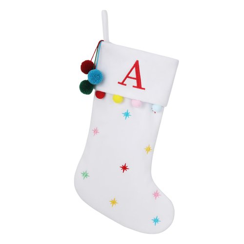 SIRIPHUM 19.5 Inches Initial Monogram White Christmas Stocking Personalized, Embroidered Letter Fleece Christmas Stocking with pom poms Decoration for Family Christmas Holiday Party Decor-A