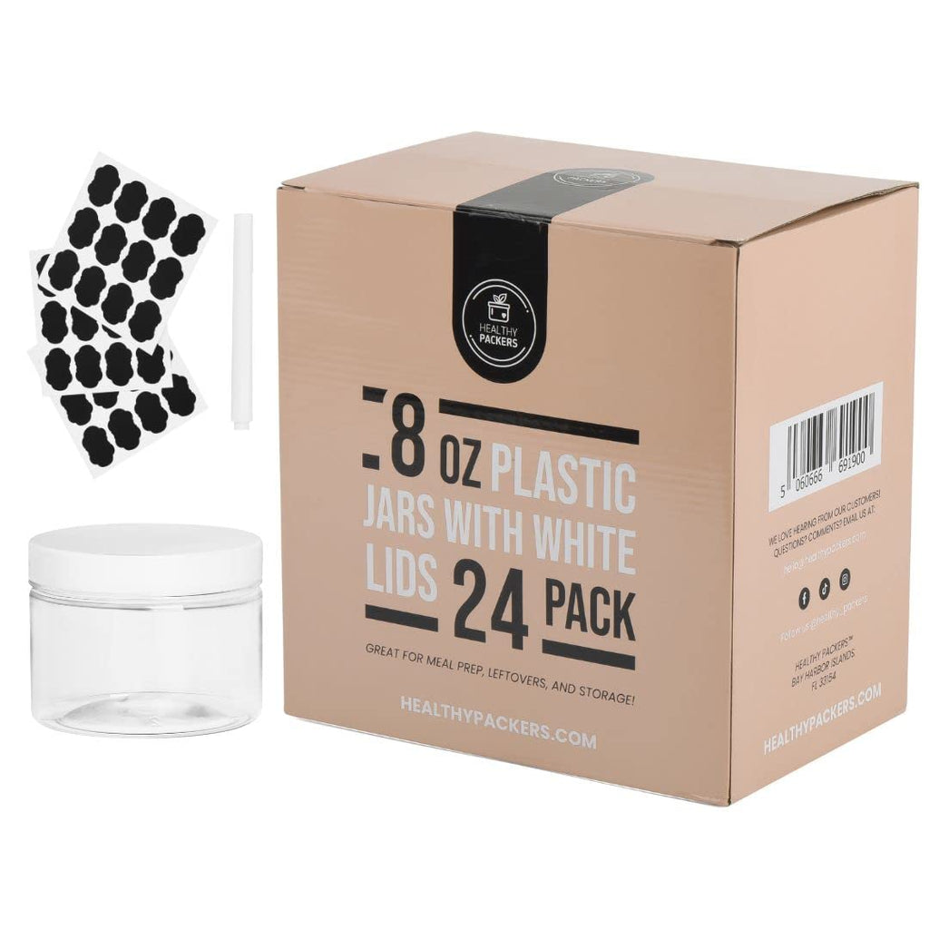 Healthy Packers 8oz Plastic Jars With Lids, Labels and White Marker - 24-Pack Small Plastic Containers with White Lids. Great for Slime, Lotion, Crafts, Travel General Storage