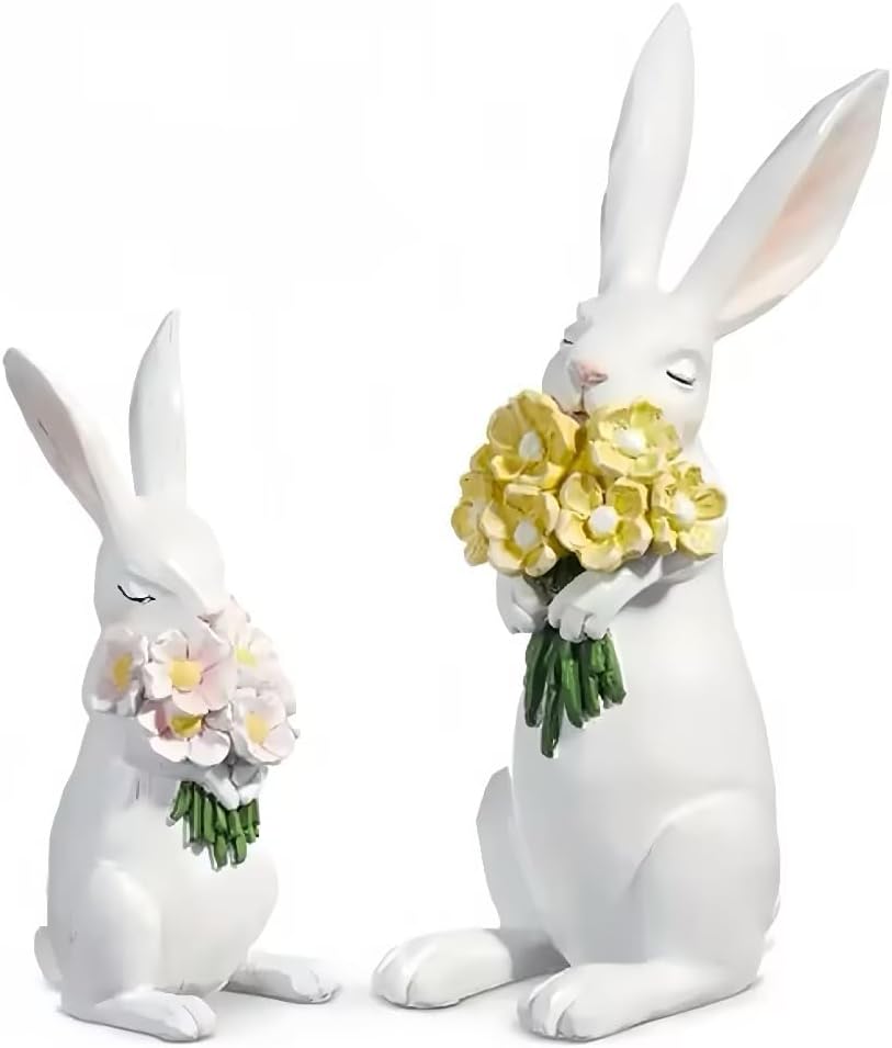 WDS WONDROUS Bunny Figurines Set - Cream White Bunnies with Pastel Flower Bouquets | Cute Spring Home Decor, Set of 2