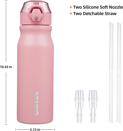 BJPKPK 25oz Insulated Water Bottle - Reusable Stainless Steel Flask with Straw & Leak-Proof Lid | Light Pink