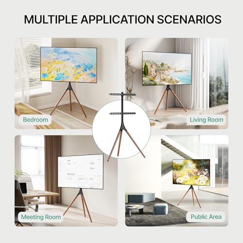 ECOTINY Artistic Easel TV Stand for 43-65 Inch TVs, 180° Swivel Tripod TV Stand up to 88 lbs, Floor TV Mount with Cable Management for Bedroom, Living Room and Corner, Max VESA 600 x 400mm