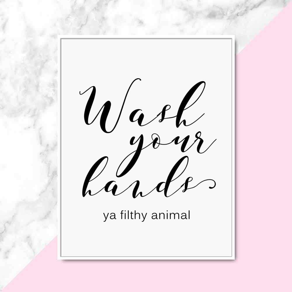 OFlyDesigns Funny Bathroom Sign - "Wash Your Hands Ya Filthy Animal" Wall Art | 8 x 10 Inches Unframed Farmhouse Decor