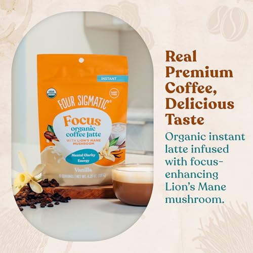 Four Sigmatic Vanilla Focus Mushroom Coffee Latte Plant-Based Organic Instant Latte with Lion’s Mane Mushroom for Focus and Mental Clarity Made With Just 6 Organic Ingredients 4.23 oz Bag