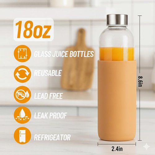 Luxfuel 18 oz Glass Bottles with Lids and Silicone Sleeve, Reusable Glass Juice Bottles with Stainless Steel Cap for Juicing, Refrigerator,100% Leak Proof, BPA Free,Glass Water Bottles Set of 10