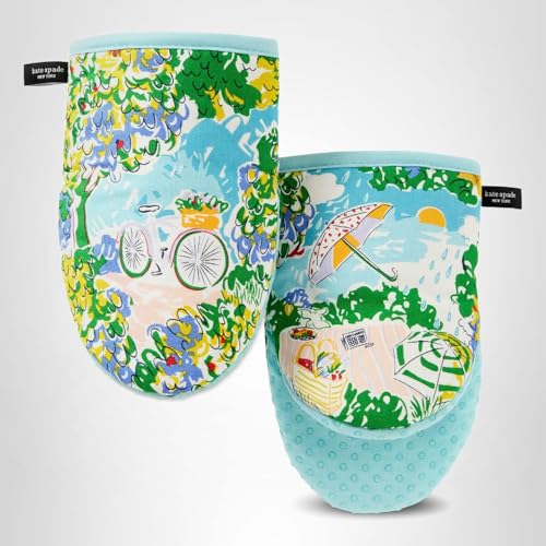 Kate Spade New York Spring Garden Mini Oven Mitt 2-Pack Set, Heat Resistant, 100% Cotton with Printed Non-Slip Silicone Grip, Blue/Green/Beige, 5.5"X8"