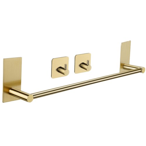 Taozun Golden Towel Bar Set- Self Adhesive Towel Holder + 2 Packs Towel Hooks Bathroom Accessories, 16-Inch Towel Rack for Bathroom Stainless Steel Brushed Brass New