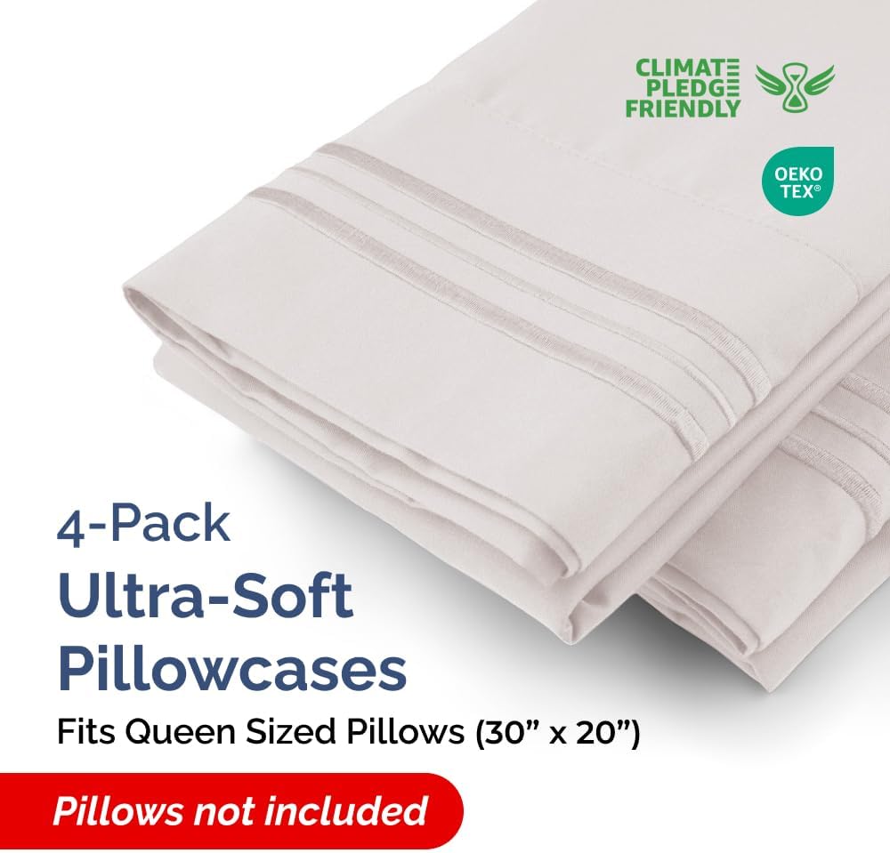Queen Pillow Cases by [Brand Name] - Ultra Soft Hotel Quality Covers | Wrinkle-Free & Fade Resistant - Light Grey - Set of 4