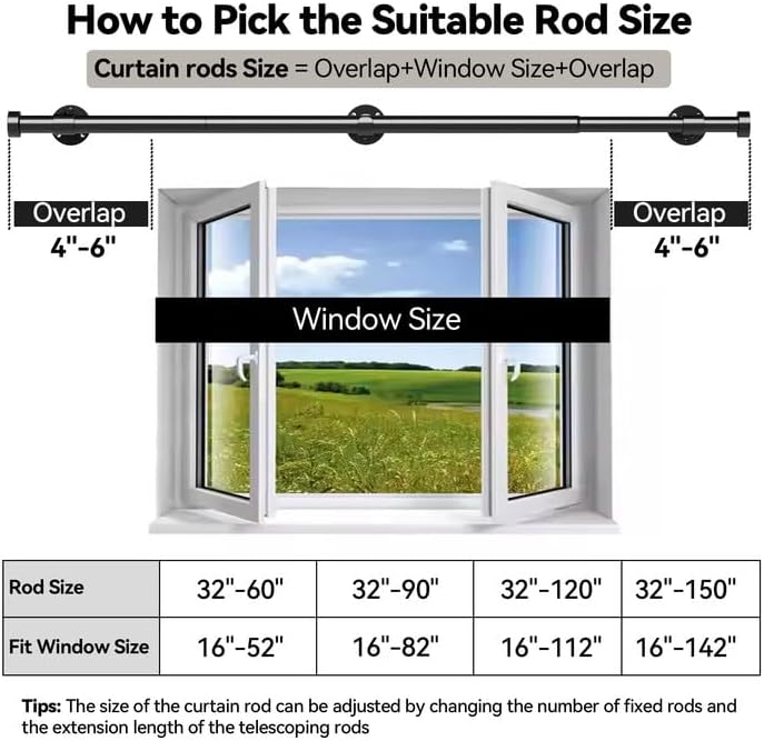YaFex Heavy Duty Curtain Rod - Adjustable 32-60 Inch Black Rod with Aluminum Finials | Easy Installation