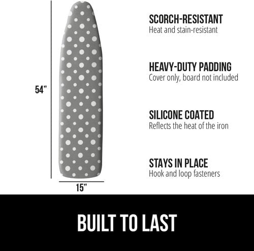 GORILLA GRIP The Original Ironing Board Cover and Pad, Silicone Coating, 400°F Scorch Resistant Thick Padding, Heavy Duty Iron Covers Standard Boards, Hook and Loop Fastener Strap, Dots 15x54