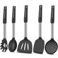 KLAQQED 5Pcs Silicone Spatula Heat Resistant Long Large Spatulas Set for Nonstick Cookware, Rubber Pancake Fish Turner Spatula for Kitchen Use Silicone Cooking Kitchen Utensils Set Black
