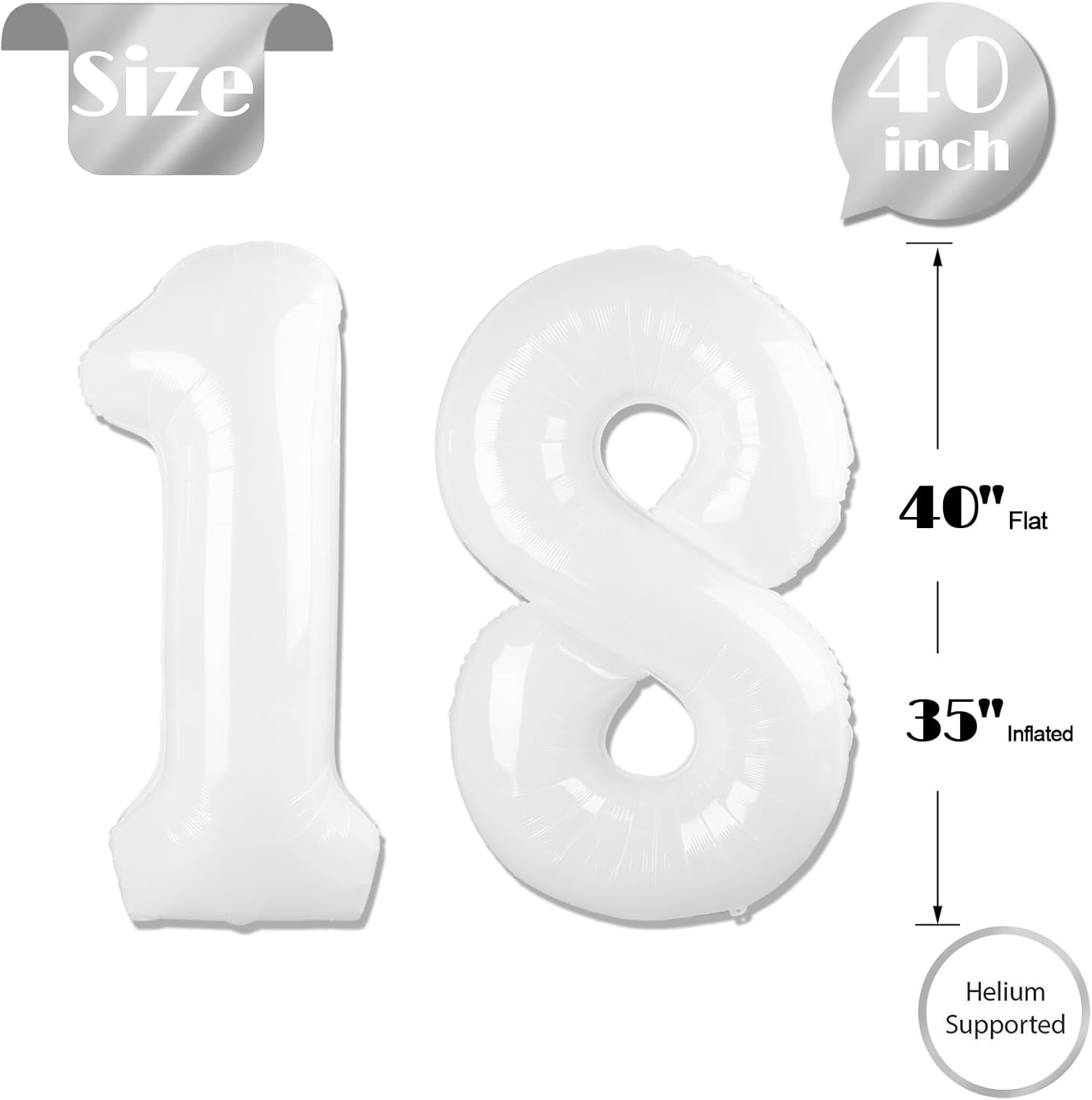 White Number 18 Balloon - 40 Inch 18th Birthday Decoration for Girls & Boys Party Supplies