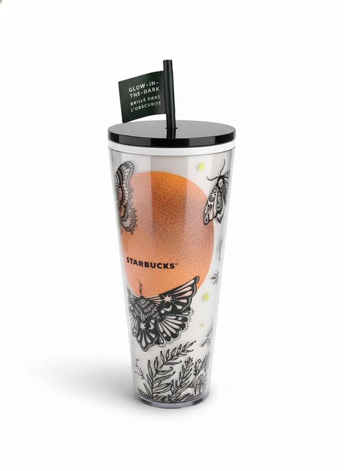 Starbucks Halloween 2025 Moth Moon Glow In The Dark Night Tumbler 24oz – Limited Edition Stainless Steel Cold Cup with Straw for Iced Beverages