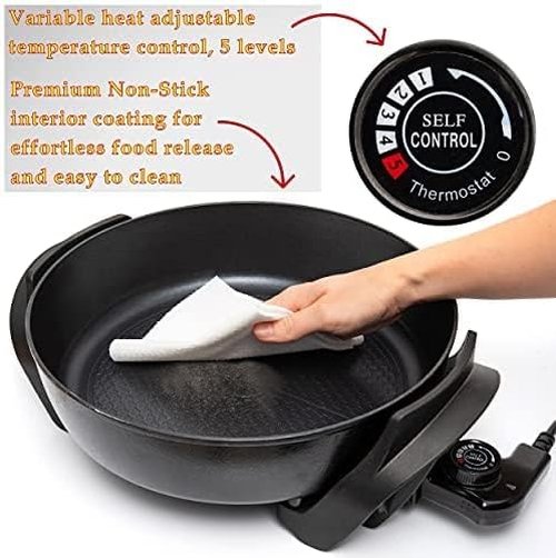 Moss & Stone Round Electric Skillet - 12-Inch Nonstick Frying Pan with Vented Glass Lid & Adjustable Temperature Control