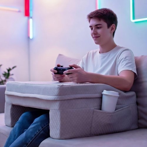 SafeSprings Reading Pillow for Gaming & Laptop (Includes 2 Washable Pillowcases) – 24″ Laptop Pillow for Bed, Couch, Steam Deck, Switch, High Density Foam Arm Rests, Pockets, Ergonomic Back Support