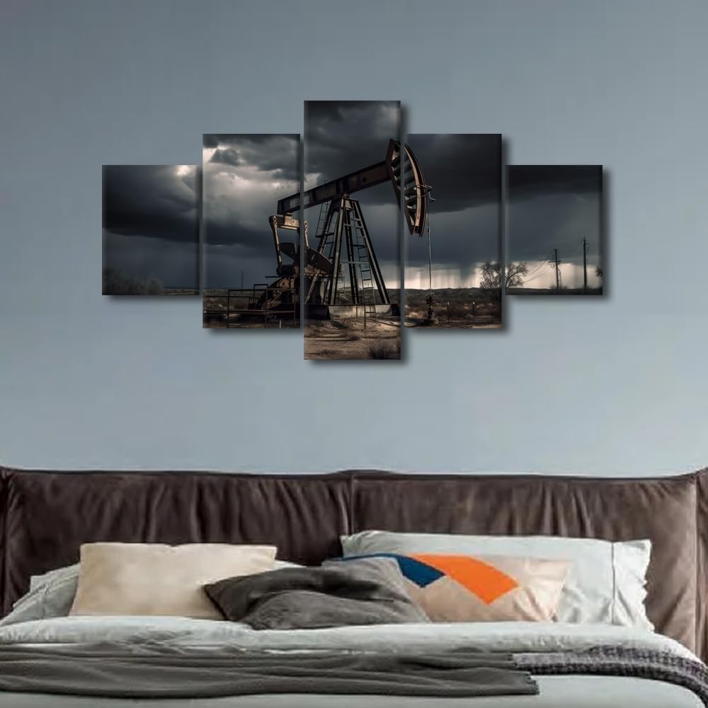TUMOVO Wall Art for Living Room 5 Panel Industry Drill Platform Crude Oil Production From the Ground Posters and Prints for Home Hotel Office Wall Decorations, Ready to Hang, 60" Wx32 H