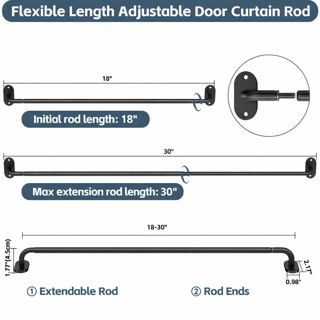 OICIPT 2 Pack French Door Curtain Rod, Screw-Mounted Sash Rods Adjustable 18–30 Inch, 1/2" Diameter Wrap Around Curtain Rods for Doors & Small Window, Black