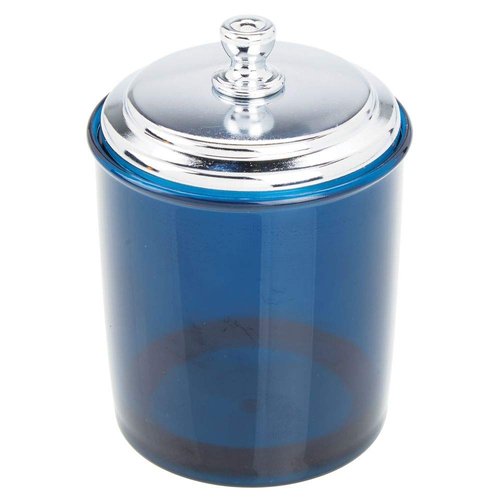 mDesign Bathroom Vanity Storage Organizer Apothecary Canister Jar for Cotton Balls, Swabs, Makeup Sponges, Bath Salts, Hair Ties, Jewelry - Dark Blue/Chrome Lid