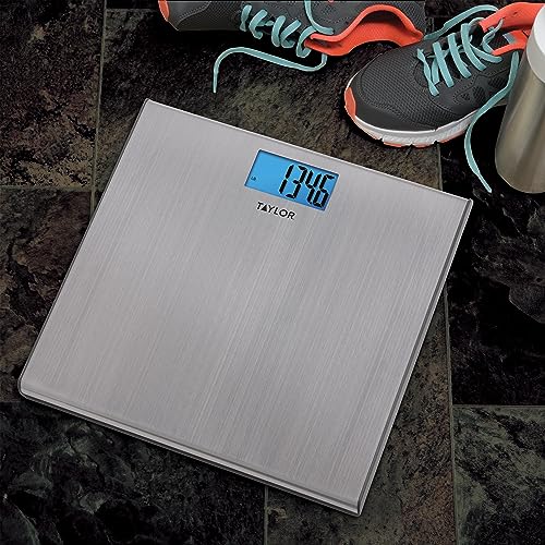Taylor Digital Scales for Body Weight, Extra-High 440 lb Capacity, Thin Profile, Unique Blue LCD, Glass Platform, 12.2 x 12.2 Inches, Stainless Steel