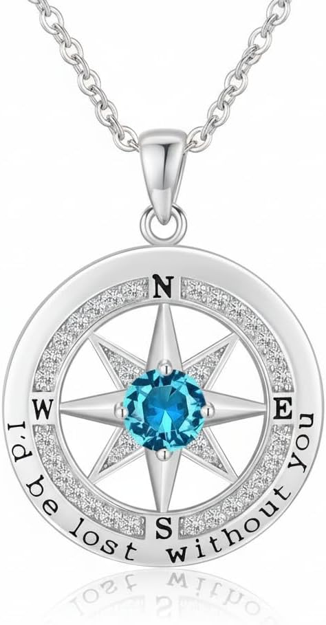 Skiennix Compass Necklace - S925 Sterling Silver Jewelry for Women | Elegant Rose Gold Gift with 12 Birthstones