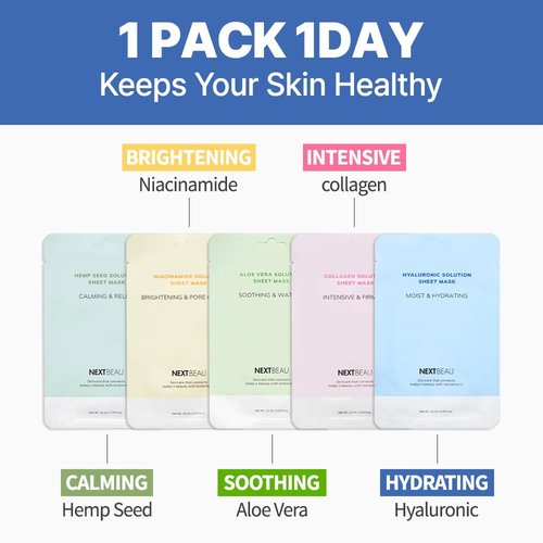 NEXTBEAU Korean Facial Sheet Mask Variety Pack - 10 Count (5 Types, 0.74 fl oz Each) for Daily Skincare