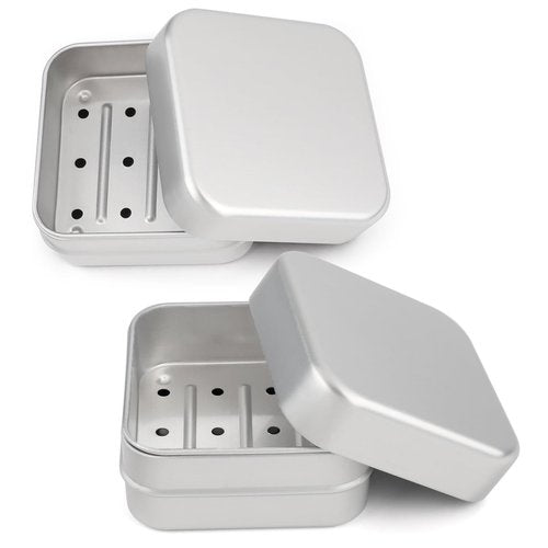 2PCS Aluminum Travel Soap Container with Lid Self Draining Soap Dish Metal Storage Rack, Square Portability Moisture Resistant Metal Soap Holder Home or Travel(3 x 3 x 1.5 Inch)