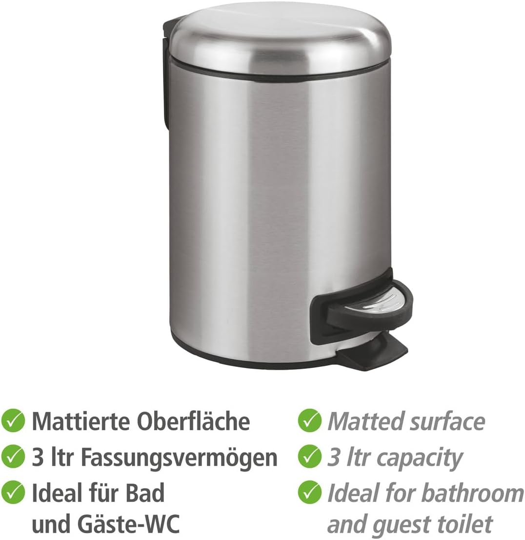 WENKO Stainless Steel Small Trash Can - Pedal Bin with Lid & Removable Inner Bucket | 0.79 Gal, Silver