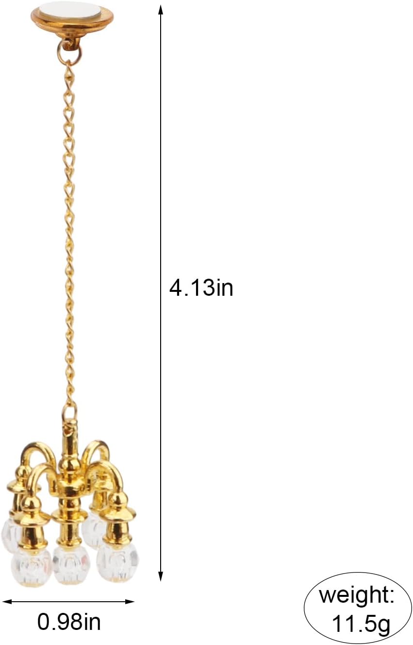 Skiennix Dollhouse Miniature Chandelier - 1:12 Scale Crystal Pendant Light | 5-Head Luxury Ceiling Lamp (Gold)