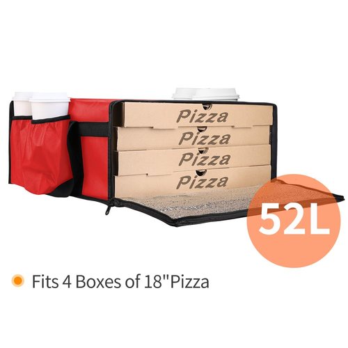 Bodaon Pizza Bags for Delivery with 4 Cup Holder, Insulated Food Commercial Rideshare Bag, 20" x 20" x 8" Pizza Warmer Bags Insulated, Delivery Driver Essentials, Red