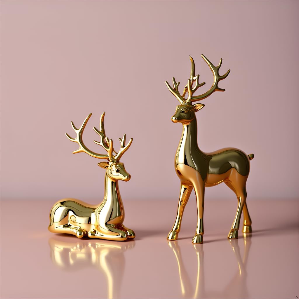 Suruim Gold Reindeer Christmas Decor Set - Elegant Deer Figurines for Table & Home Decor | 2 Pcs