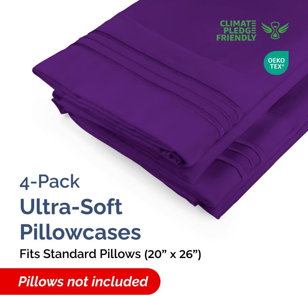 Skiennix Standard Pillow Cases Set of 4 | Ultra Soft Hotel Quality Covers - Machine Washable - Purple