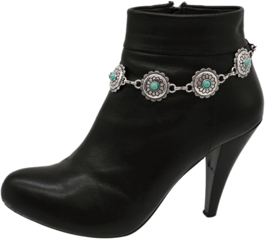 TrendyFashionJewelry Women's Western Boot Bracelet - Silver Chain Anklet with Turquoise Beads & Flower Charms
