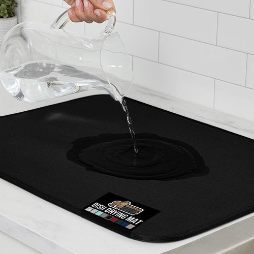 GORILLA GRIP Ultra Water Absorbent Microfiber Dish Drying Mat, Quick Dry Thick Mesh, Slip Resistant Pad for Sink Dishes or Under Rack, Kitchen Counter Accessories, Machine Wash Mats, 18x16 Inch, Black